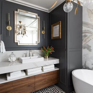 Renovated bathroom in a transitional design with neutral tones and muted colors.