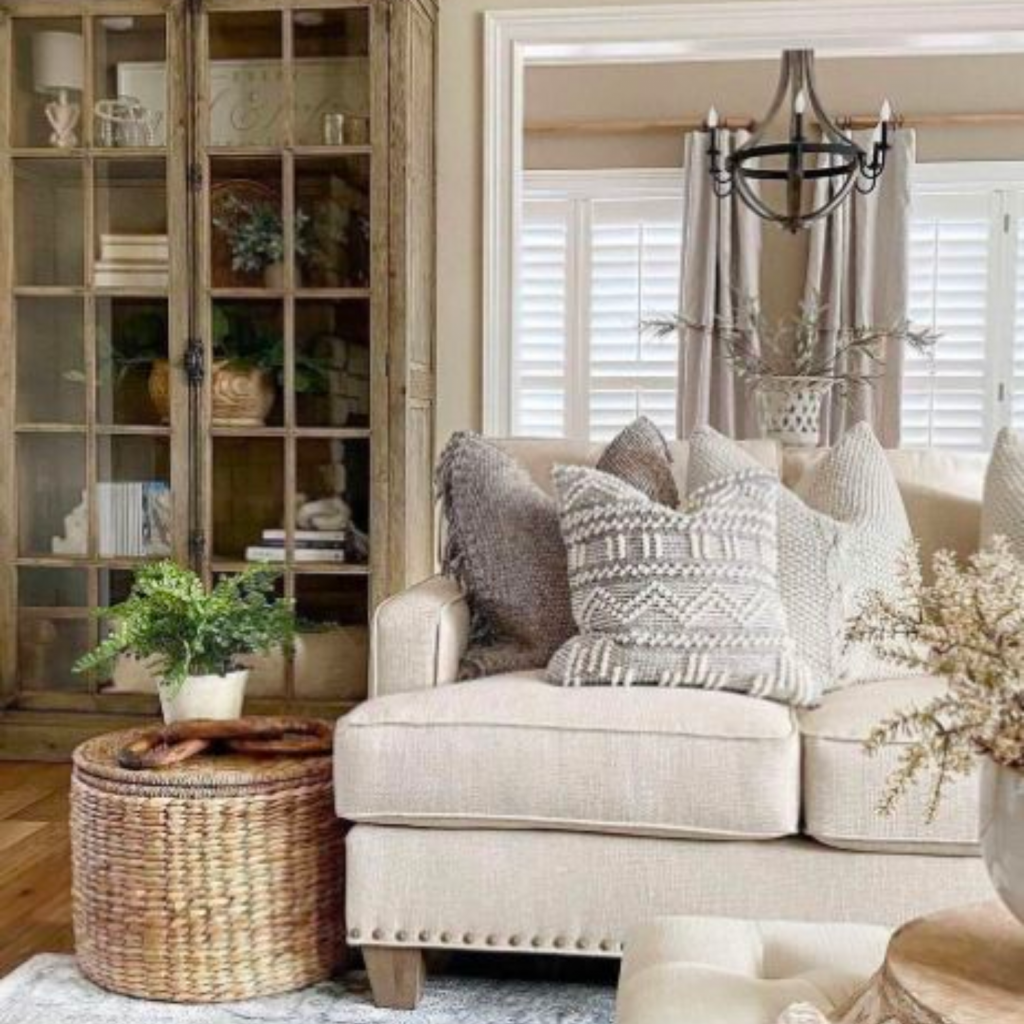 Modern farmhouse interior design style living room with a white, comfortable sofa.  Textures included in the throw pillows and baskets flanking the sofa. 